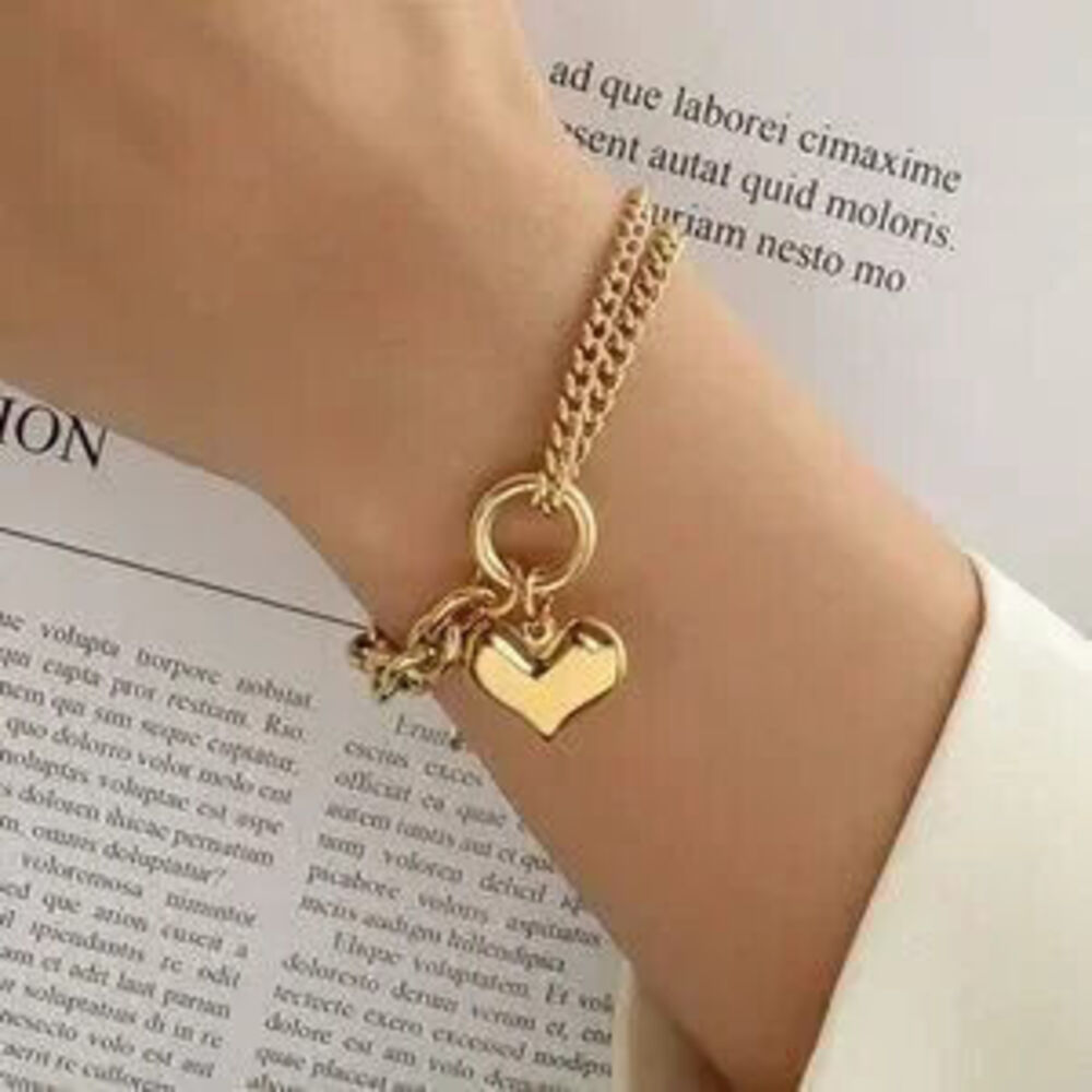 Gold Plated Stainless Steel Heart Charm Bracelet